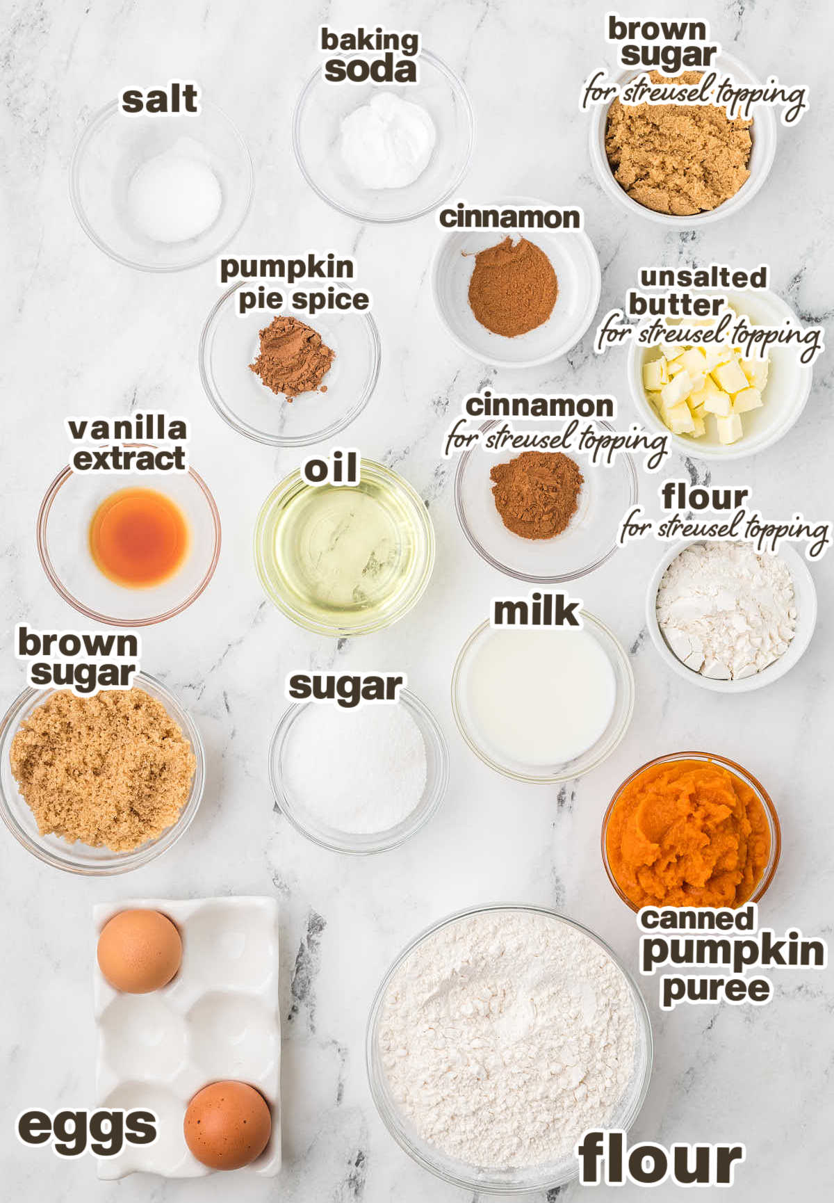 Ingredients needed to make Pumpkin Muffins.