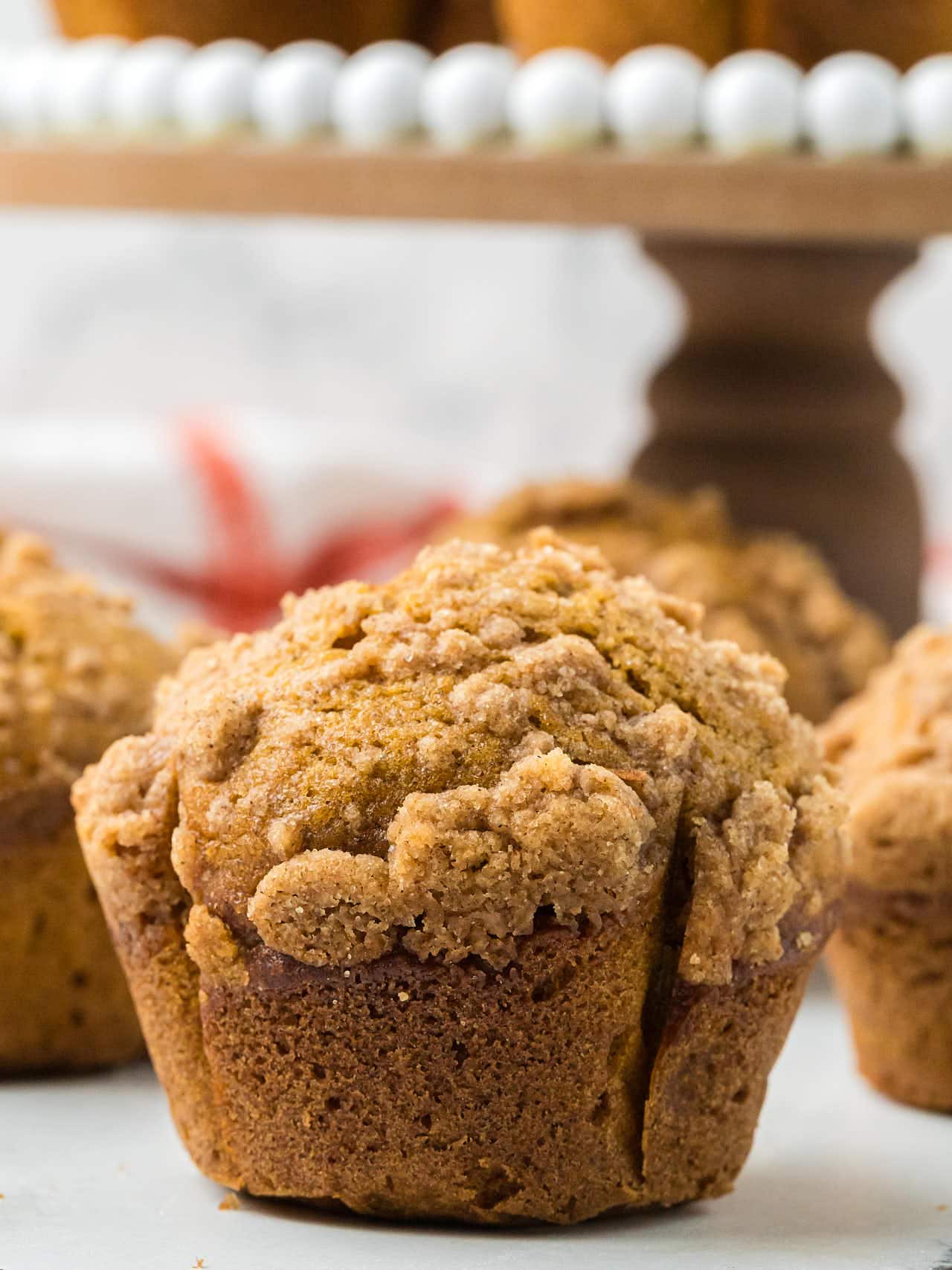 Closeup of Pumpkin Muffins with streusel topping.