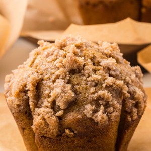 Closeup of a Pumpkin Muffin with streusel topping.