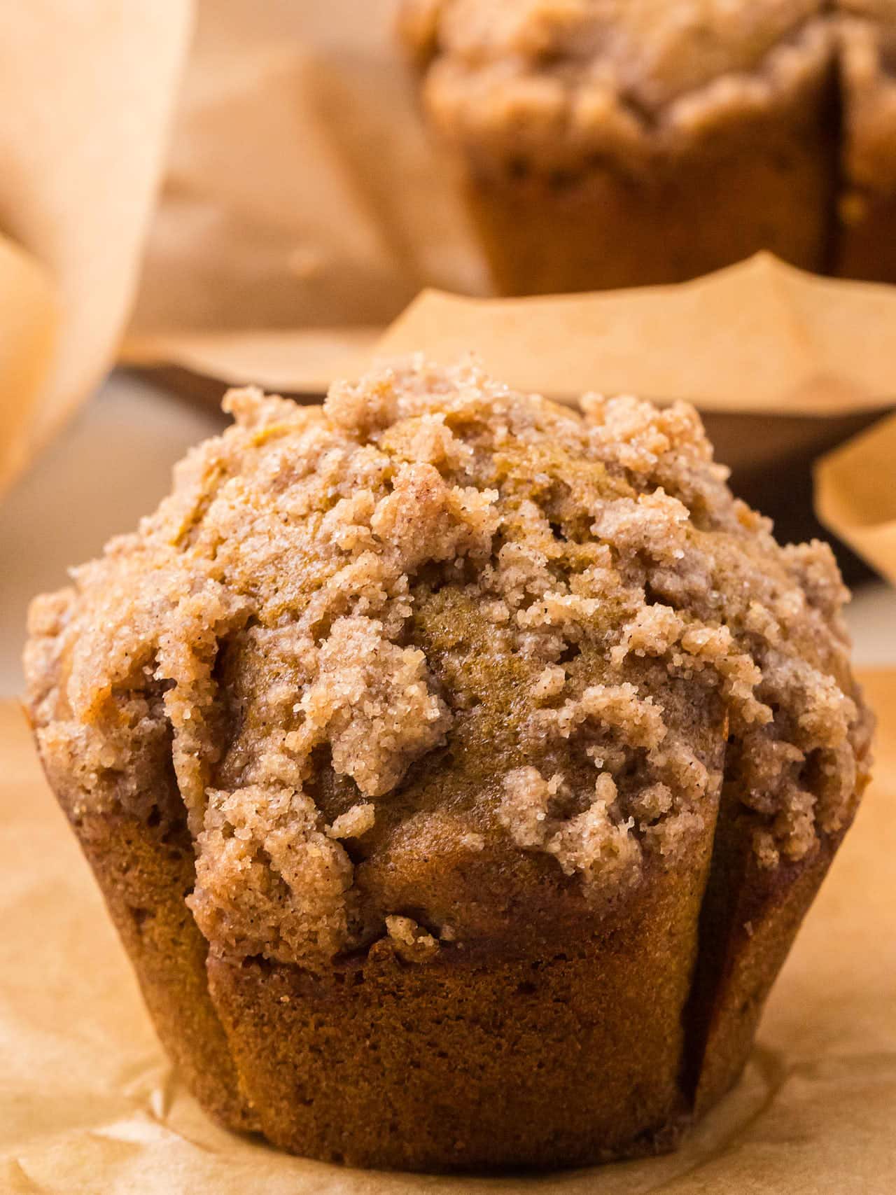 Closeup of a Pumpkin Muffin with streusel topping.
