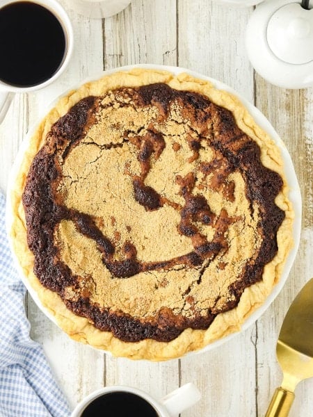 Top-down view of a Shoofly pie in a pie dish.