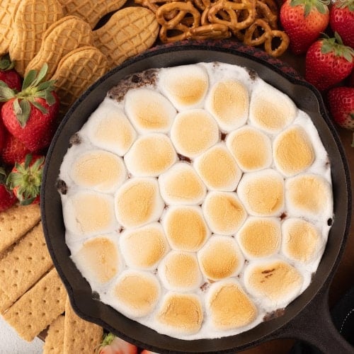Topdown view of a cast iron pan fresh from the oven.
