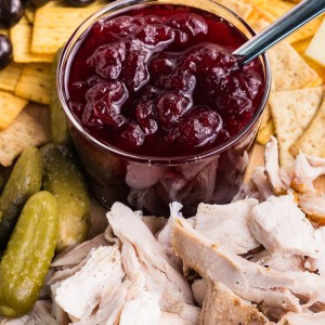 Closeup of a Thanksgiving Leftovers Charcuterie Board.