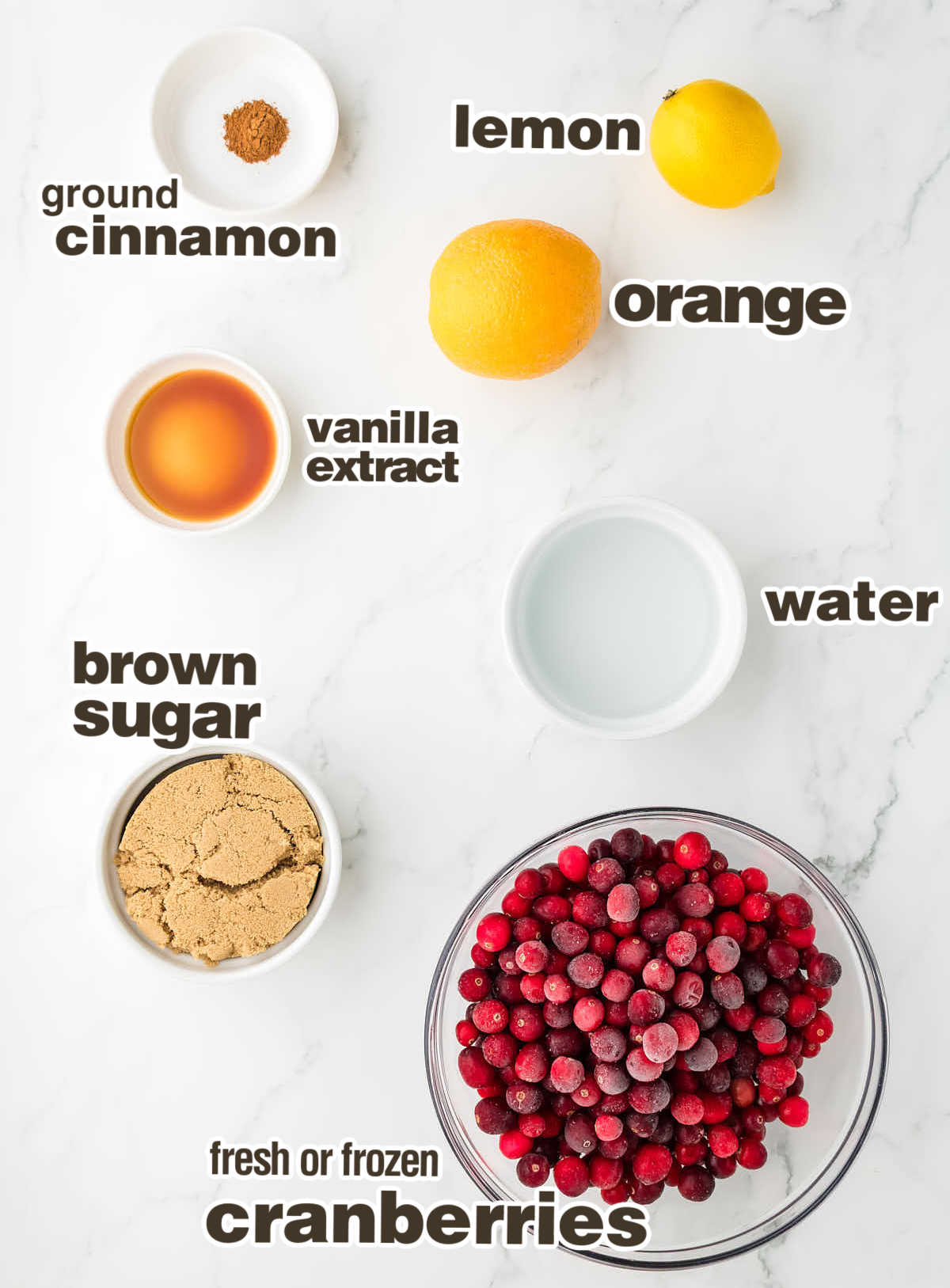 Ingredients needed to make a homemade Cranberry Sauce.