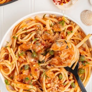 A forkful of Linguini with Clams.