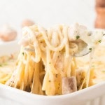 Cheesy Turkey Tetrazzini with spaghetti noodles, mushrooms, and creamy sauce lifted from a white baking dish.