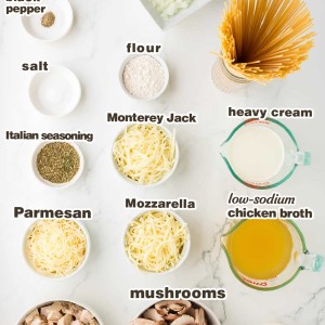 Ingredients needed to make Turkey Tetrazzini.