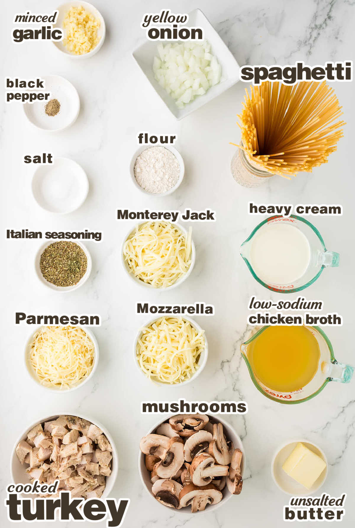 Ingredients needed to make Turkey Tetrazzini.