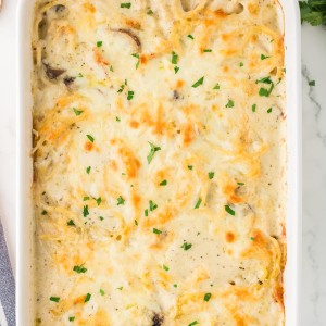 Baked Turkey Tetrazzini in a white casserole dish topped with golden melted cheese and fresh parsley.