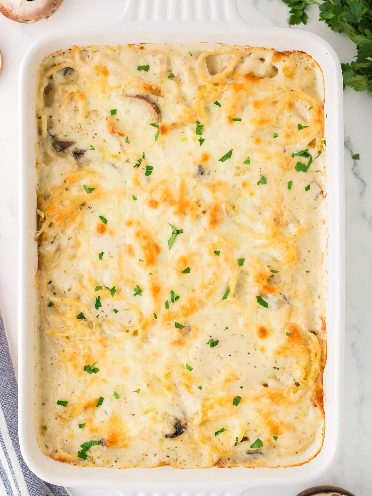 Baked Turkey Tetrazzini in a white casserole dish topped with golden melted cheese and fresh parsley.