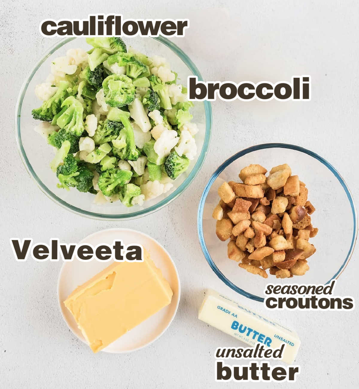 Ingredients needed to make a Broccoli and Cauliflower Casserole. 