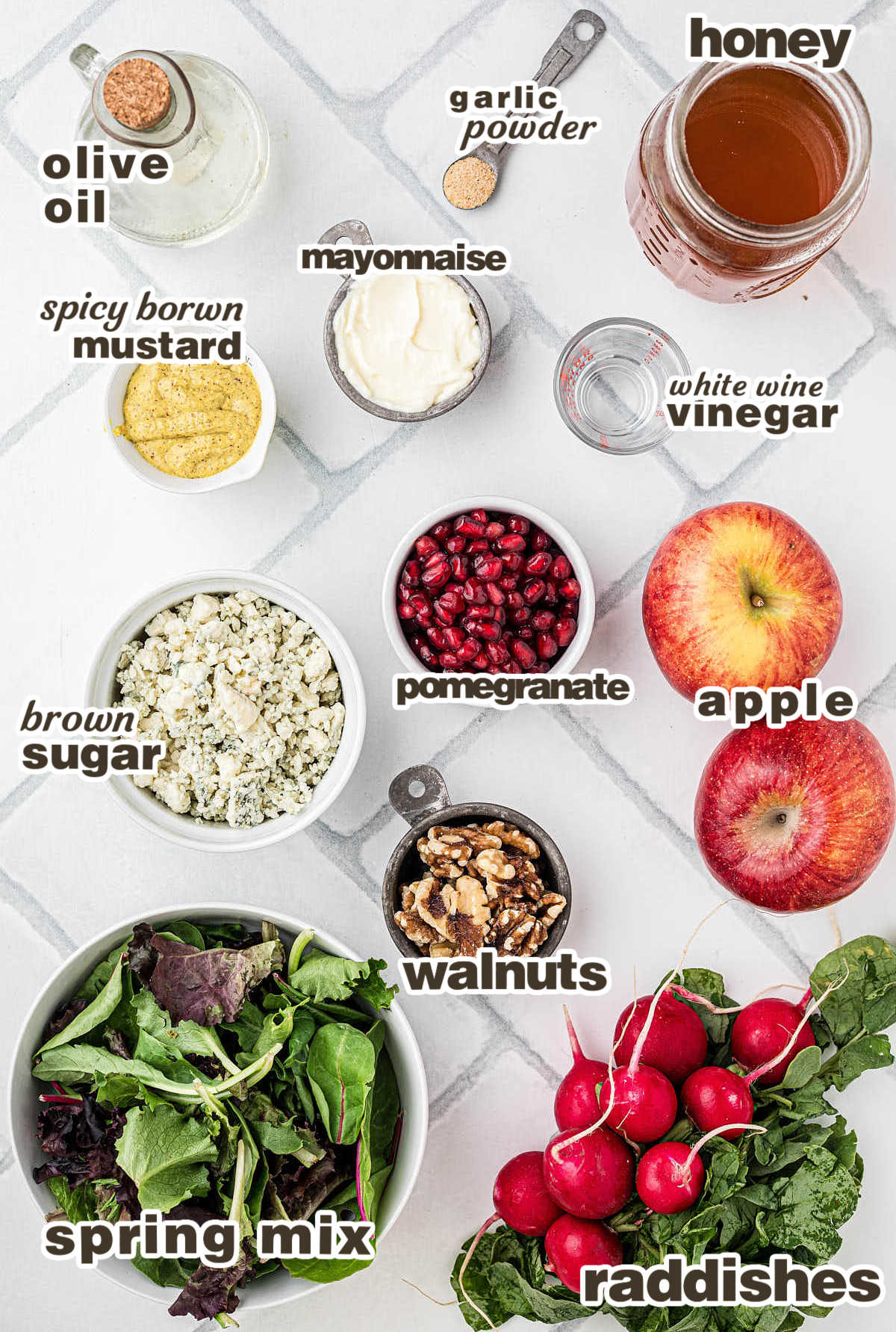 Ingredients needed to make a Christmas Salad.