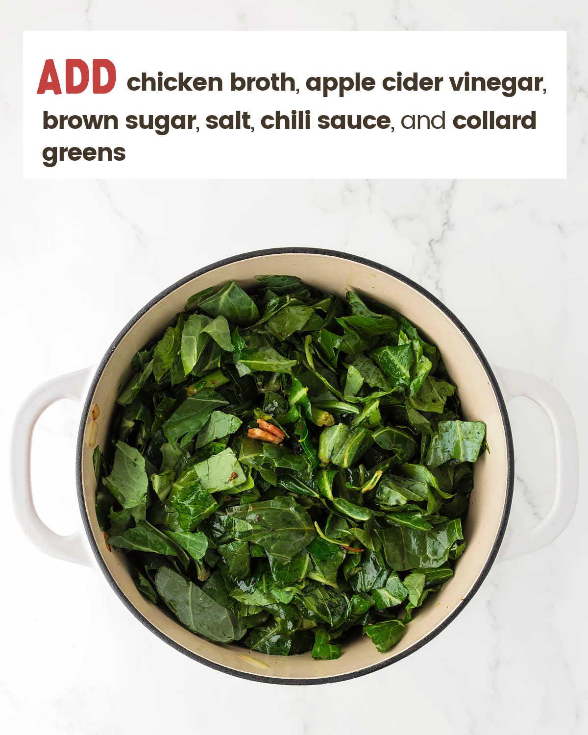Chopped collard greens with chicken broth, apple cider vinegar, brown sugar, salt, and chili sauce in a large pot.
