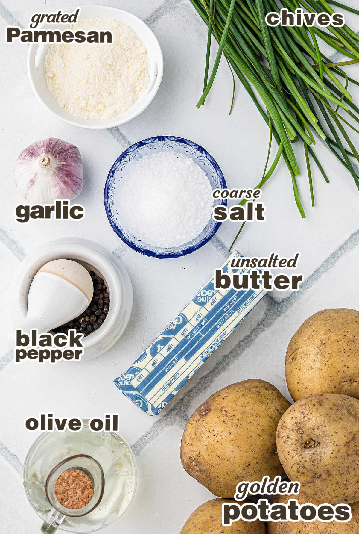 Ingredients needed to make Hasselback Potatoes. 