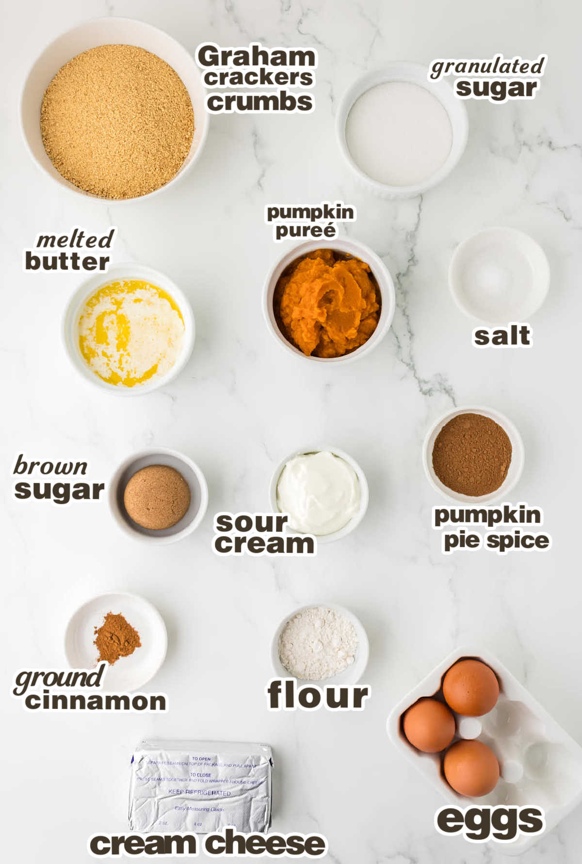 Ingredients needed to make Pumpkin Cheesecake.