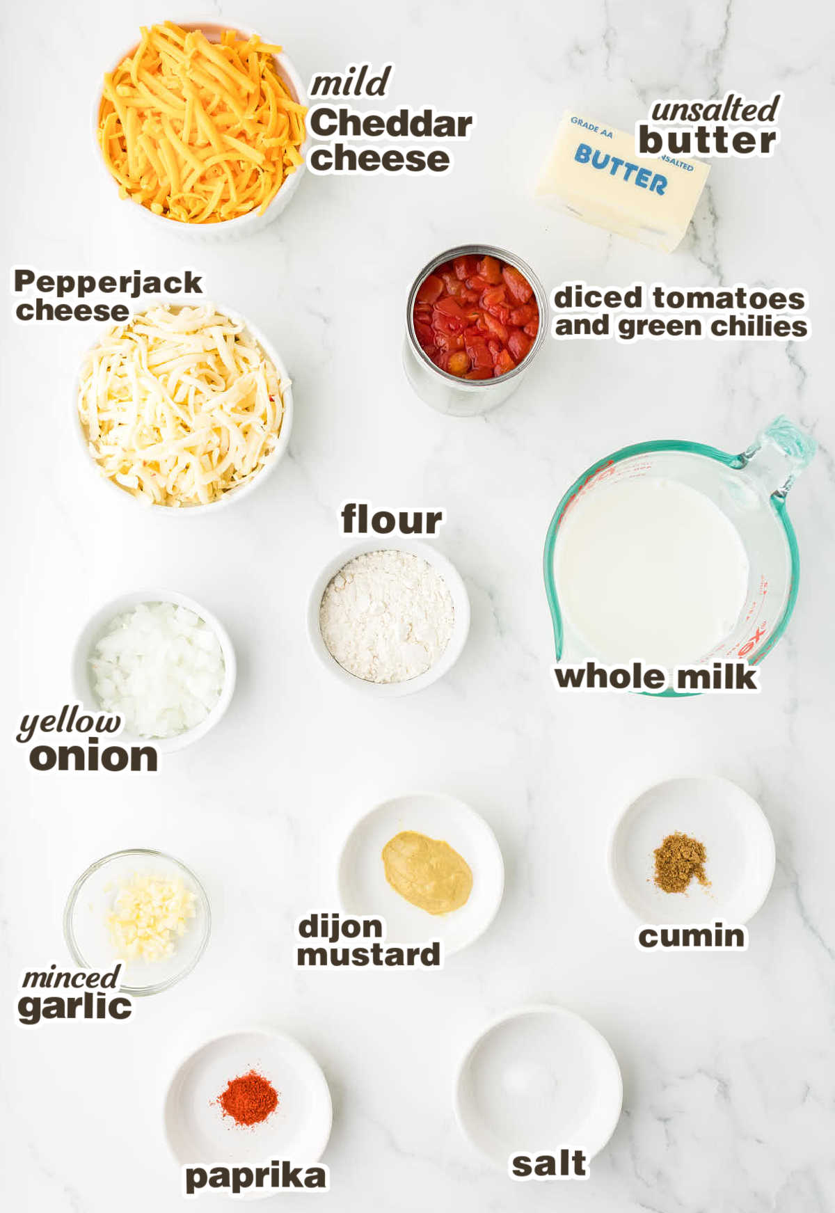 Ingredients needed to make a homemade Queso Dip.