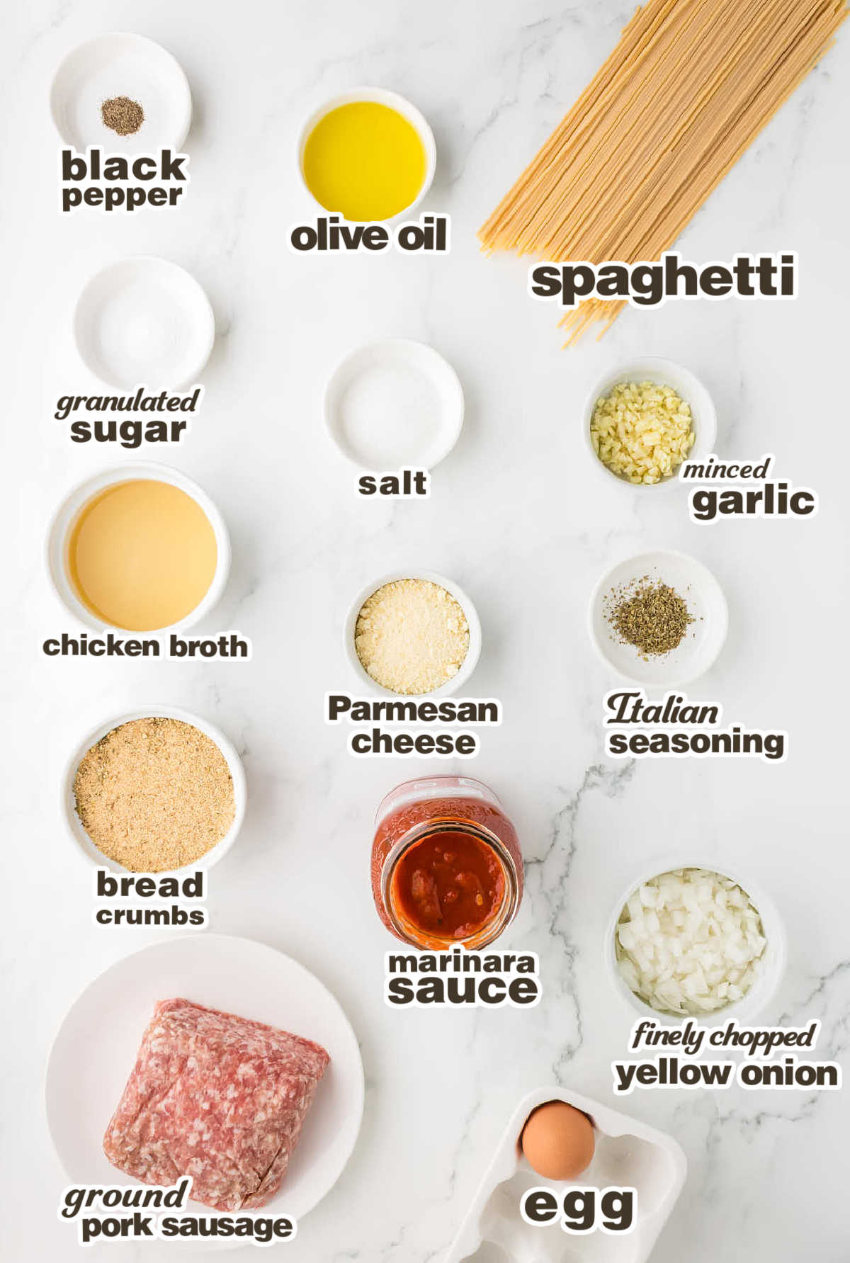 Ingredients needed to make Spaghetti and Meatballs.