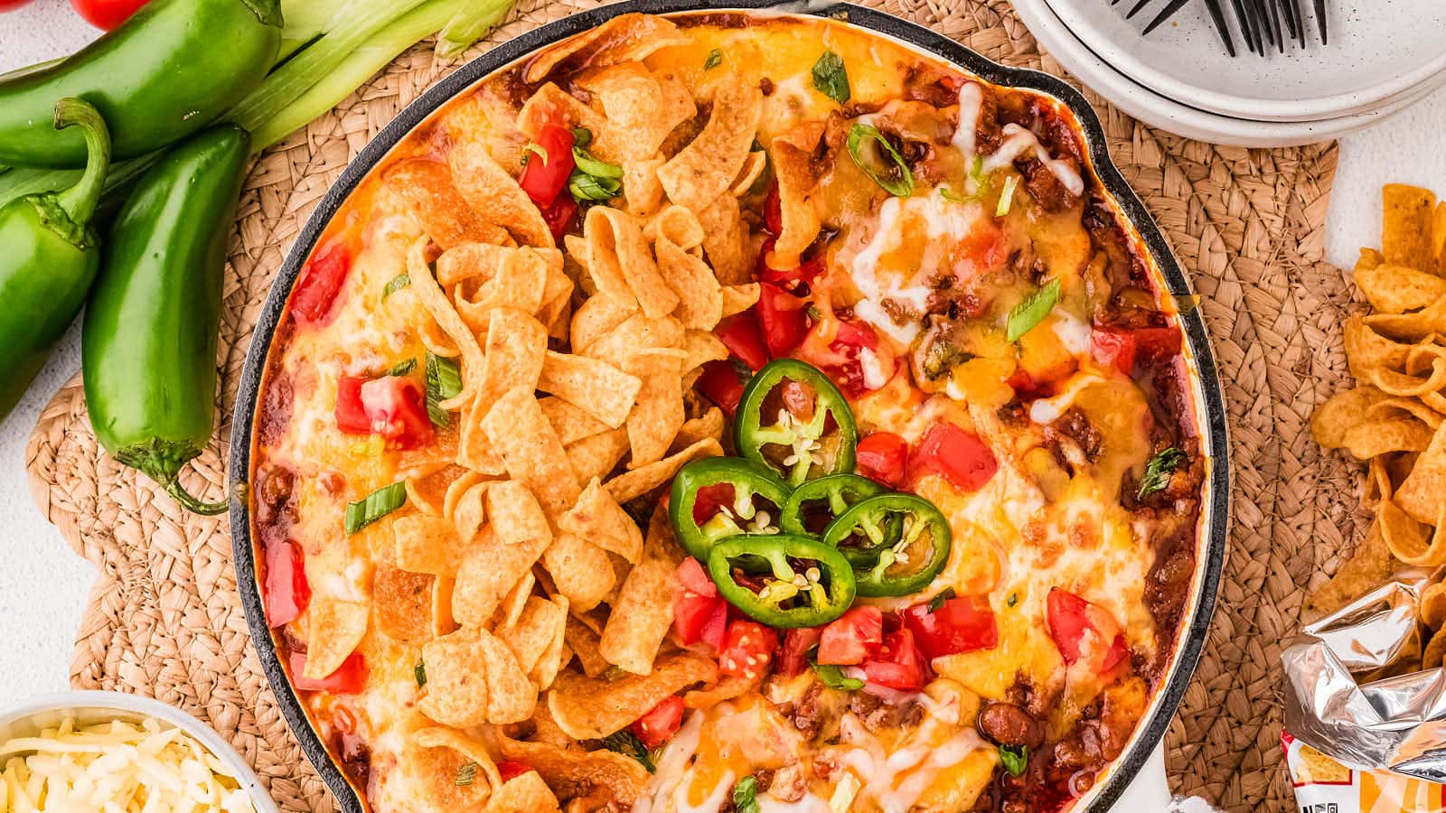 Frito Pie in a white skillet.