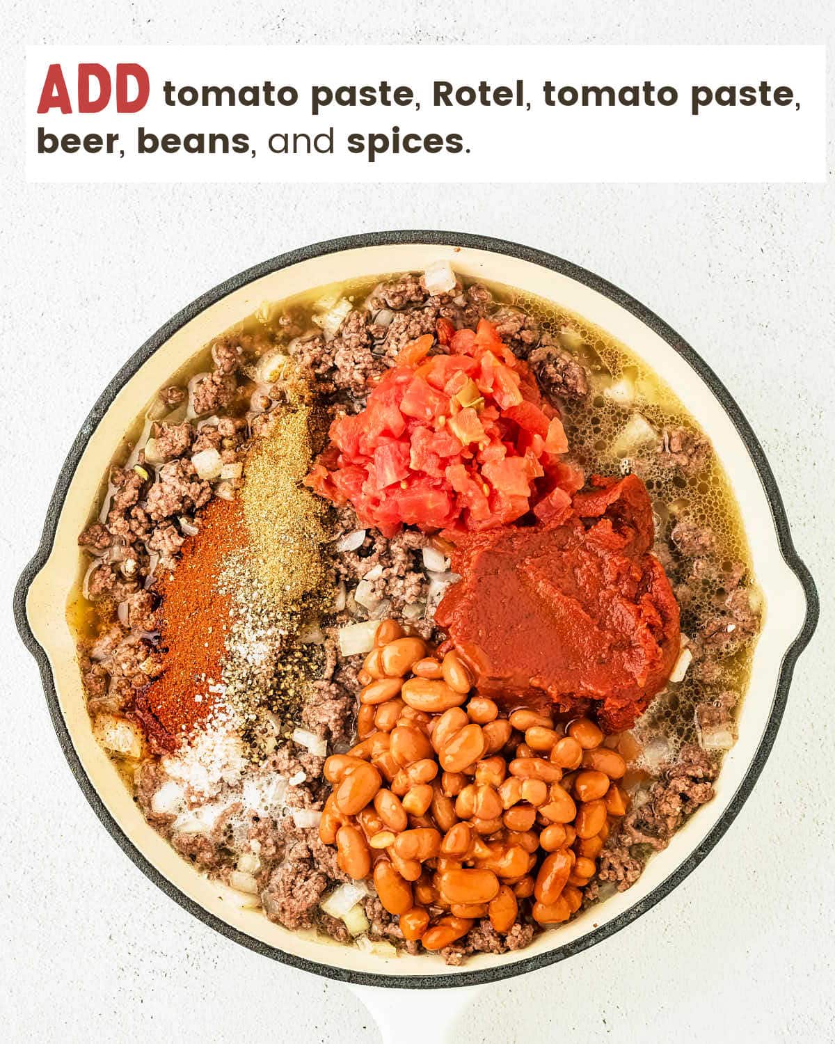 Add spices, tomato paste, Rotel, beans, and beer to the ground beef.