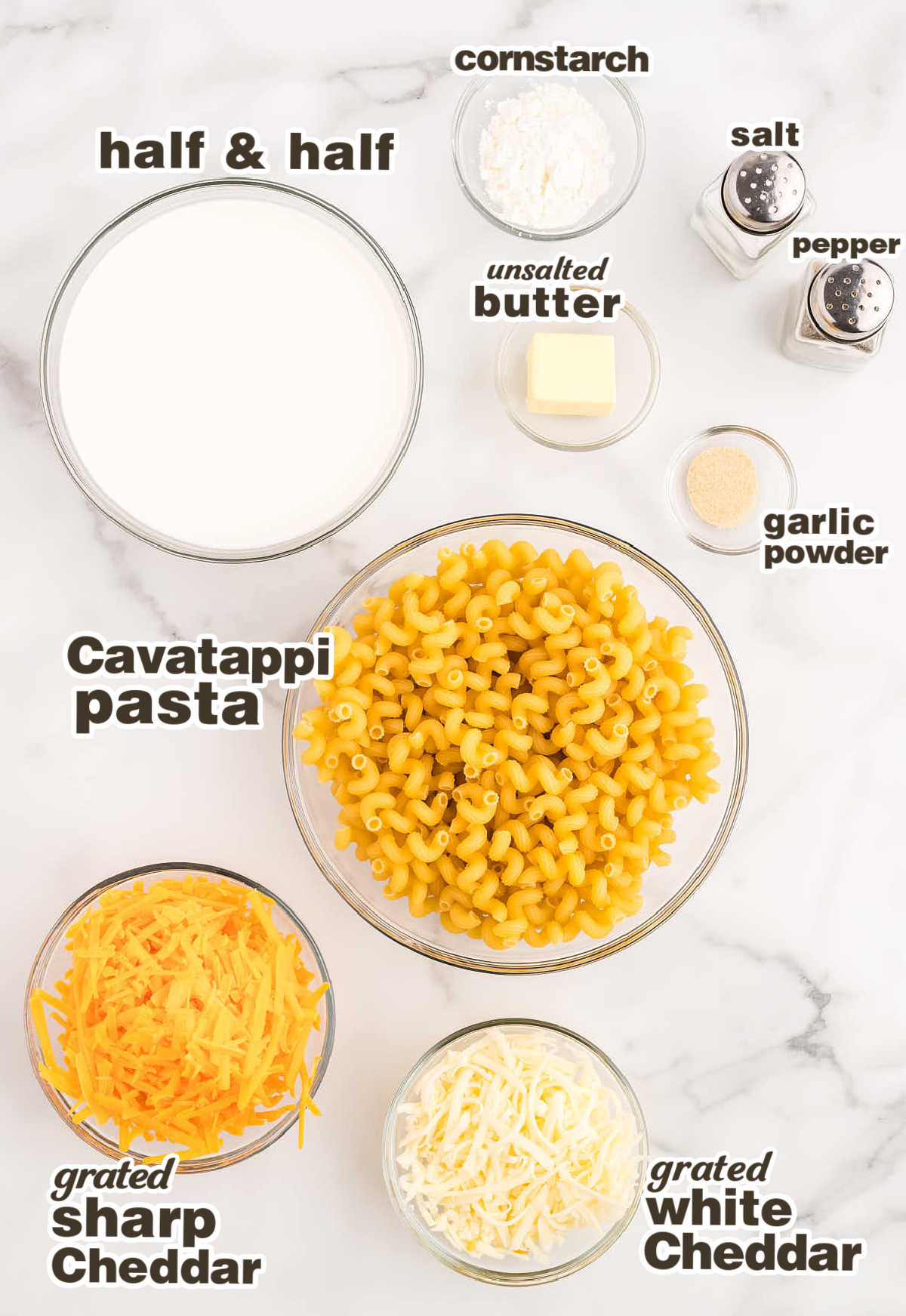 Ingredients needed to make Homemade Mac and Cheese. 