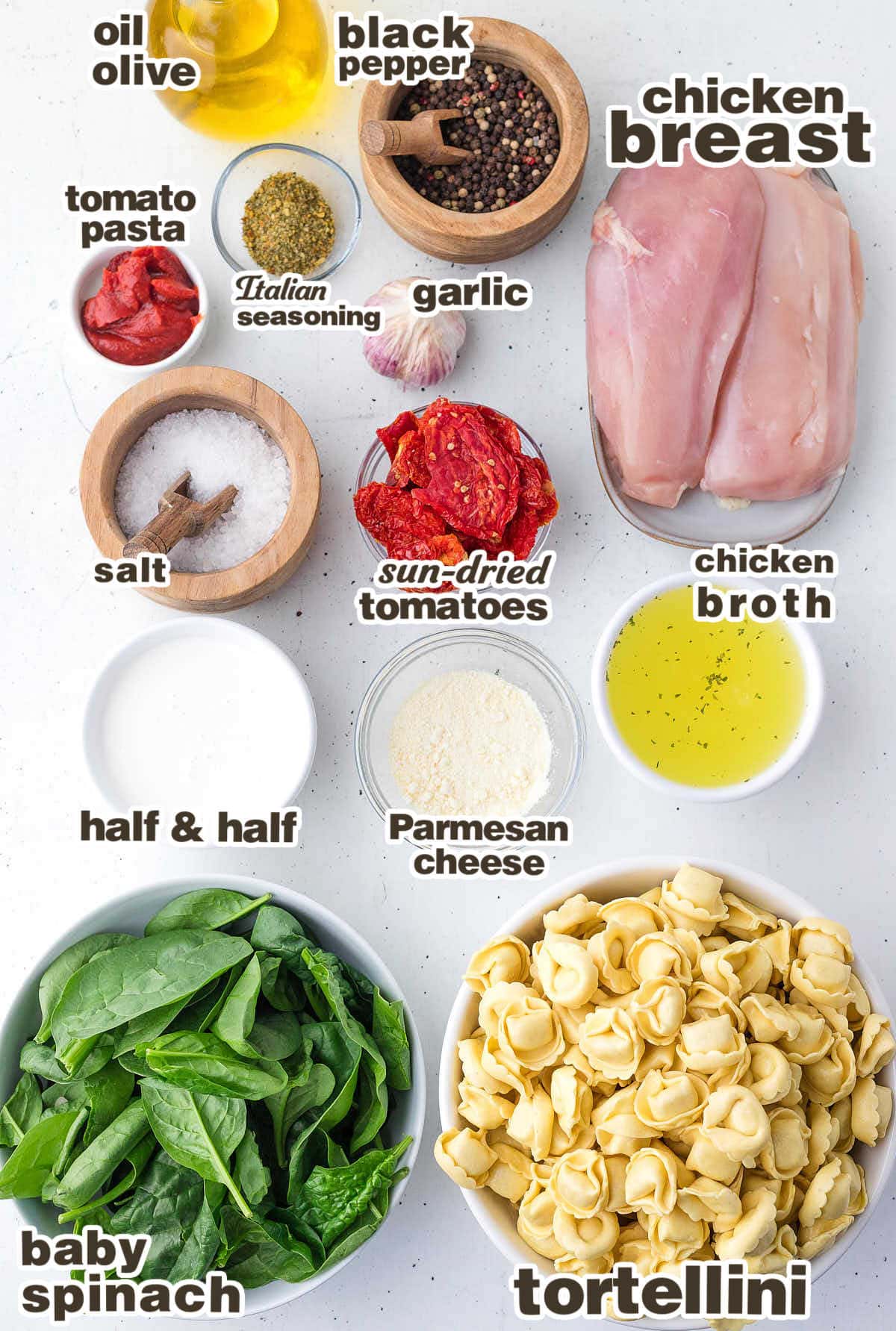 Ingredients needed to make Marry Me Chicken Tortellini.