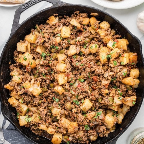 Classic Picadillo in a cast iron skillet.