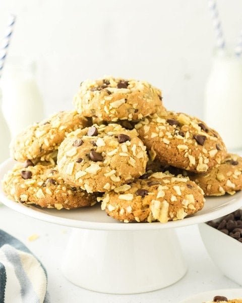 Potato Chip Cookies piled high on a white serving platter.