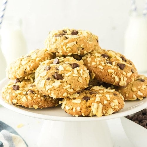 Potato Chip Cookies piled high on a white serving platter.