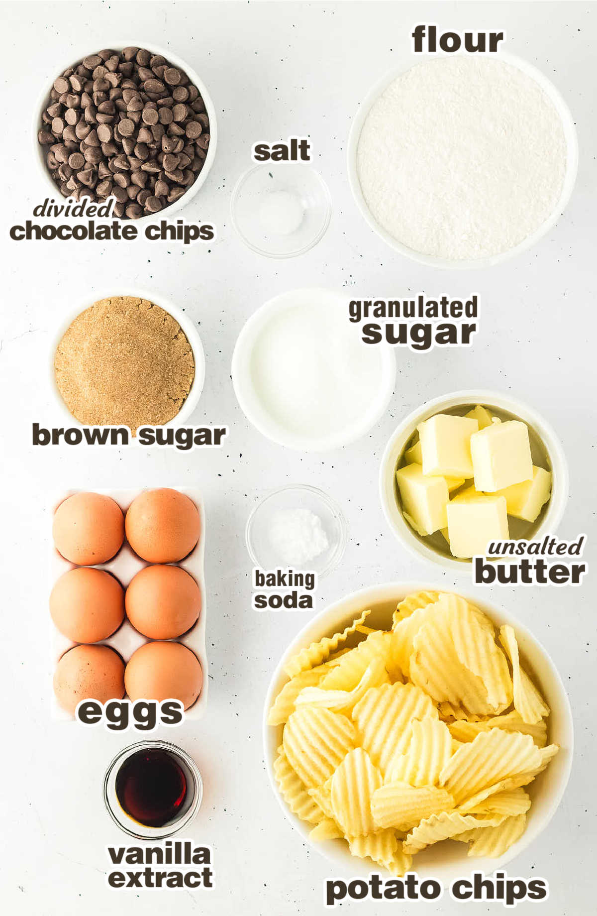 Ingredients needed to make Potato Chip Cookies.