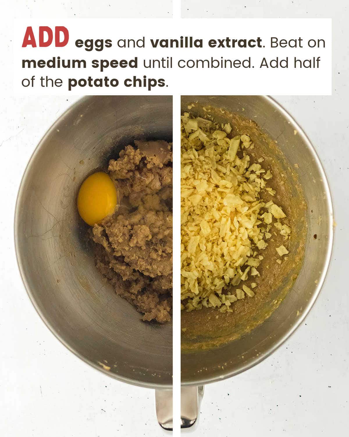Add eggs, vanilla, and later potato chips to the stand mixer.