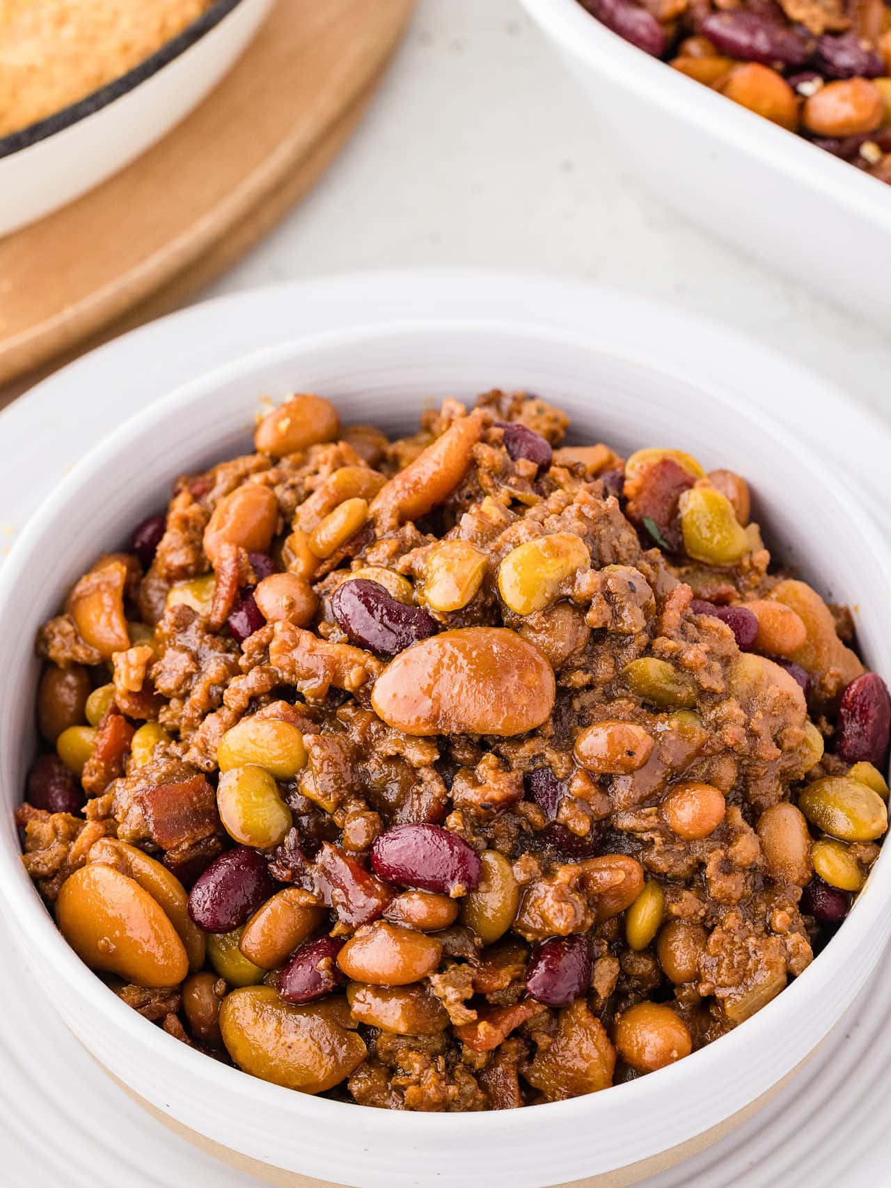 A white bowl of Cowboy Beans. 