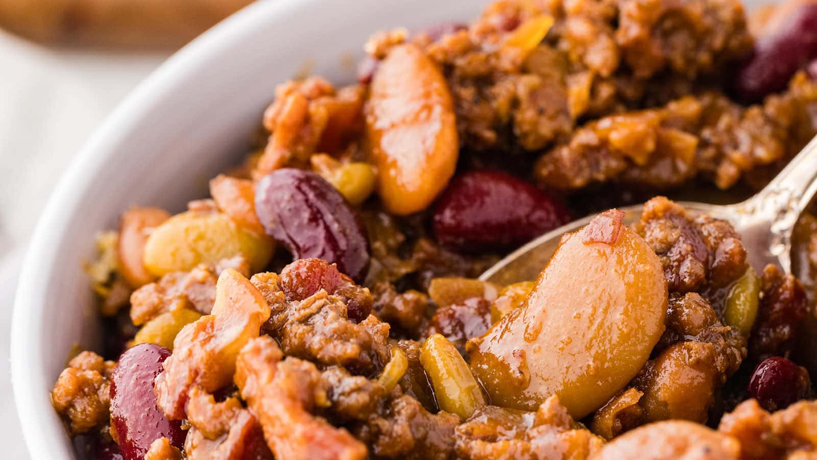 Closeup of a spoonful of Cowboy Beans.