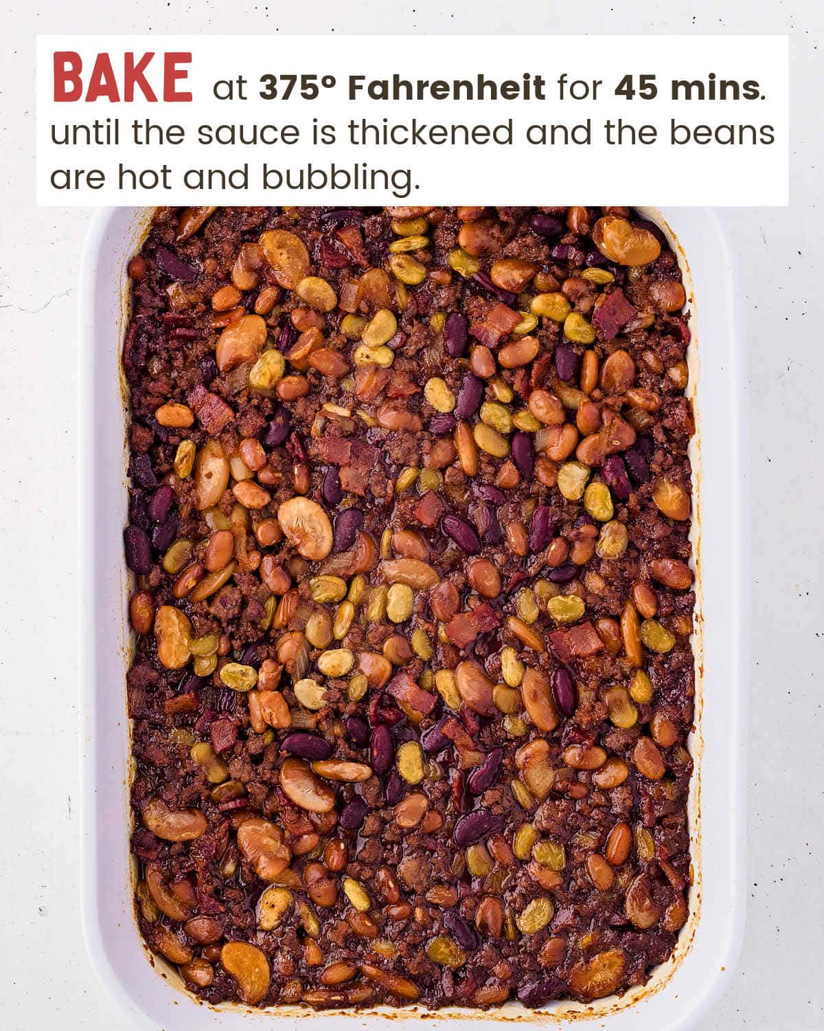Baked Calico Beans in a casserole dish.