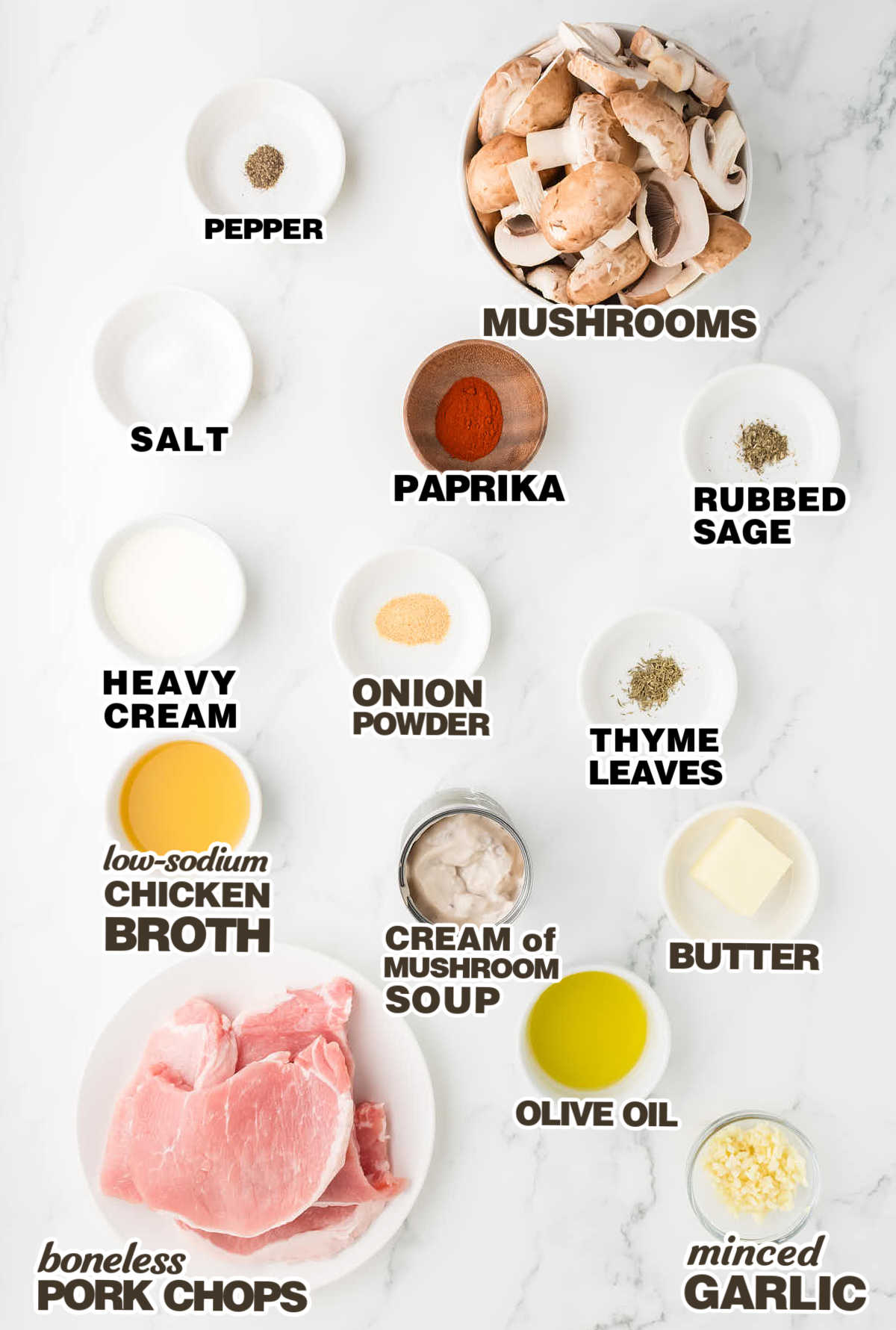 Ingredients needed to make Cream of Mushroom Pork Chops.