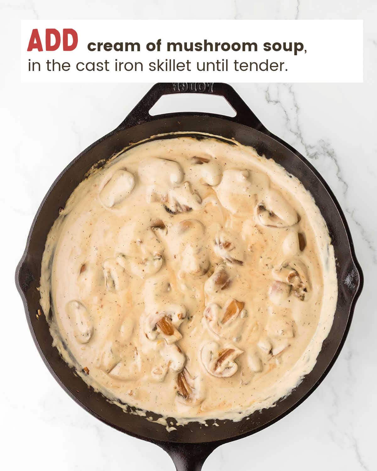 Add cream of mushroom soup and spices to the skillet. 