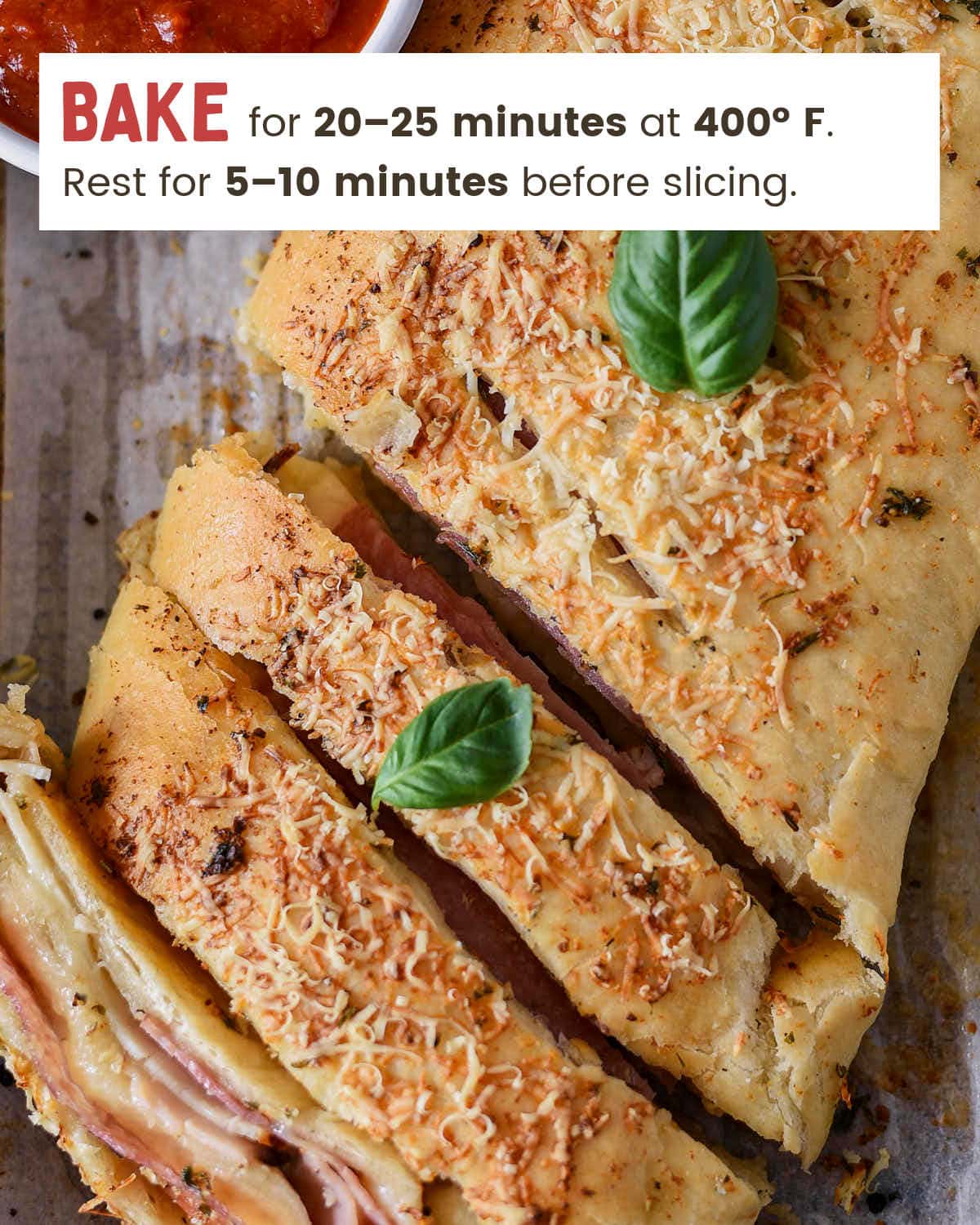 Baked and sliced Easy Deli Stromboli.