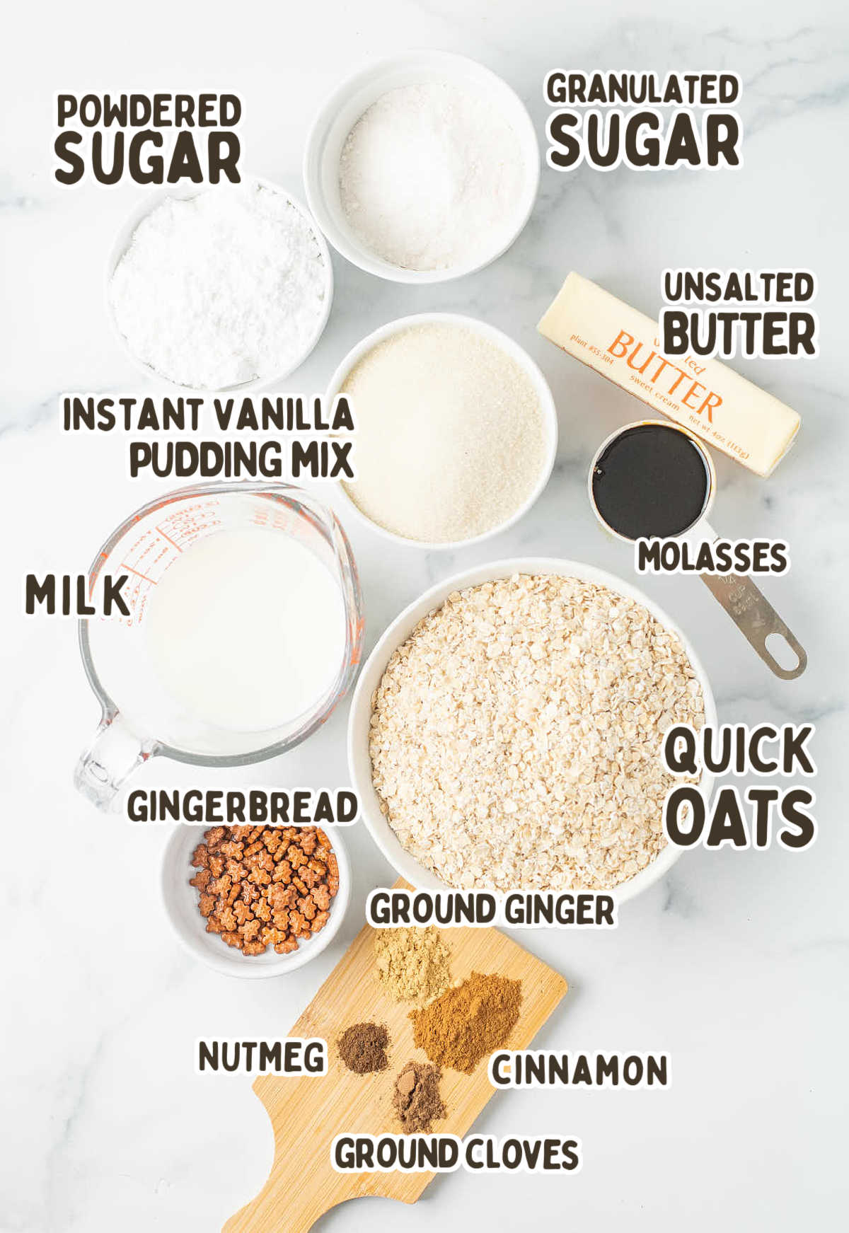Ingredients needed to make No Bake Gingerbread Cookies.