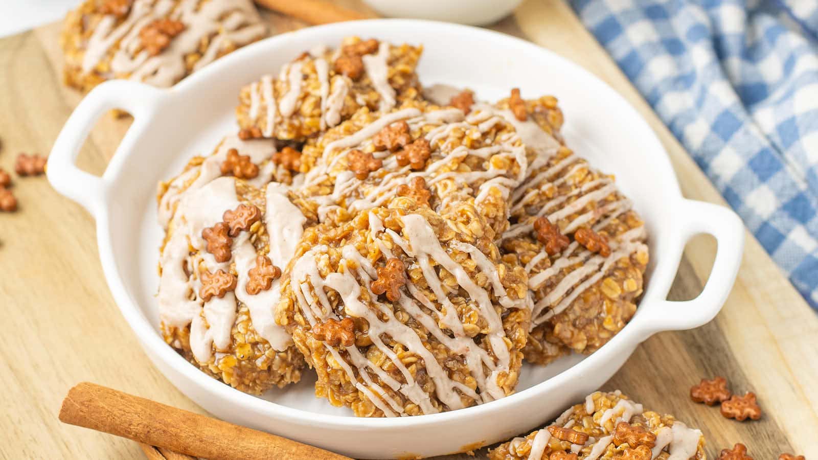 Closeup of No Bake Cookies on white plate.