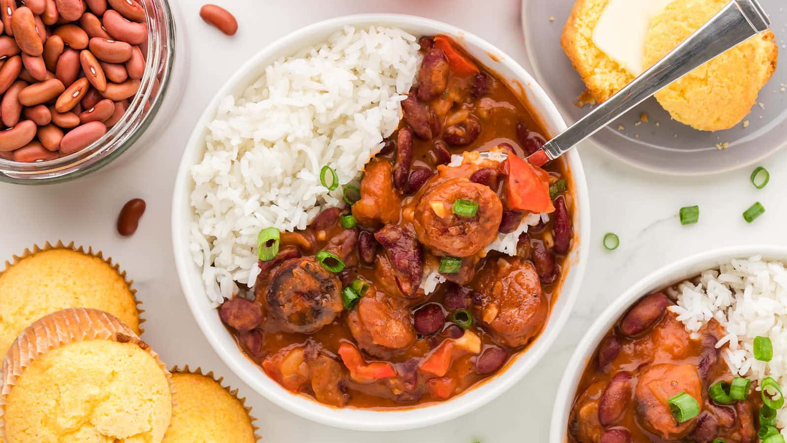 Top down view of a bowl of Red Beans and Rice. 
