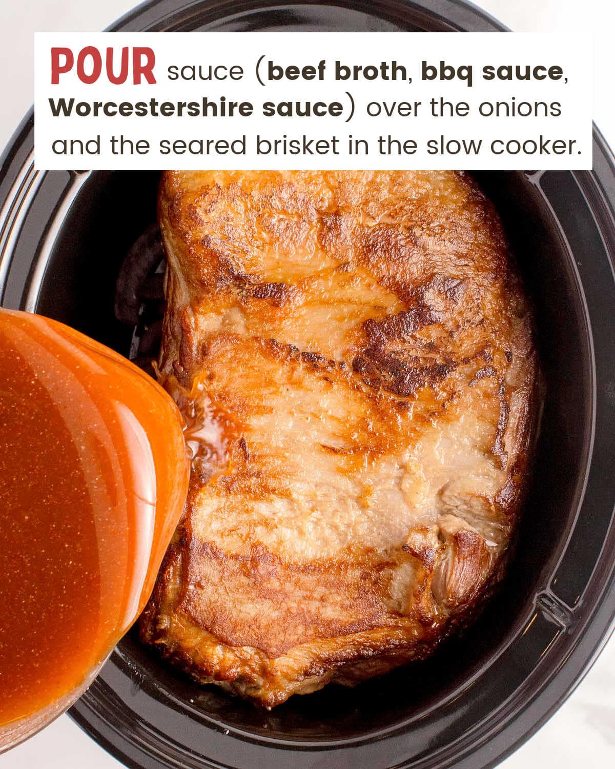 Pouring the sauce for the brisket into the slow cooker.