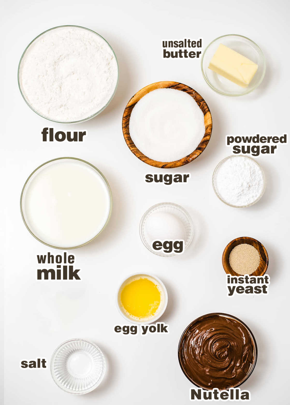 Ingredients needed to make a Star Bread with Nutella.