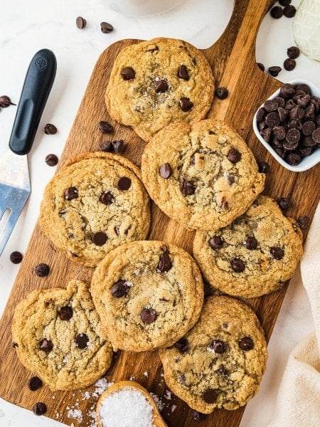 Small Batch Chocolate Chip Cookies served on a wooden board.