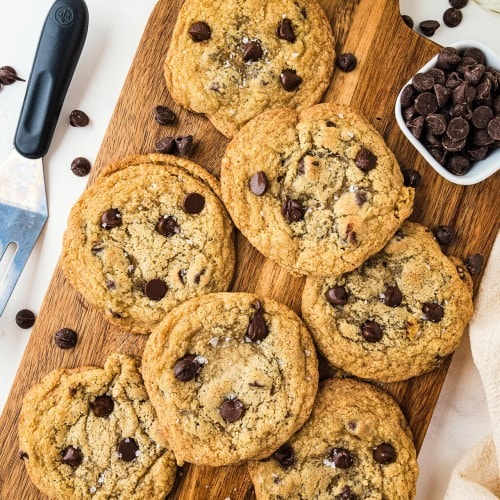 Small Batch Chocolate Chip Cookies served on a wooden board.