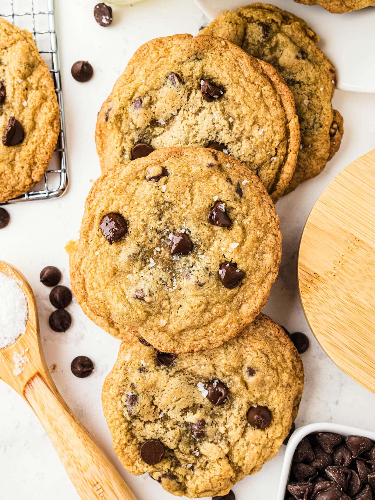Top down view of several Small Batch Chocolate Chip Cookies.