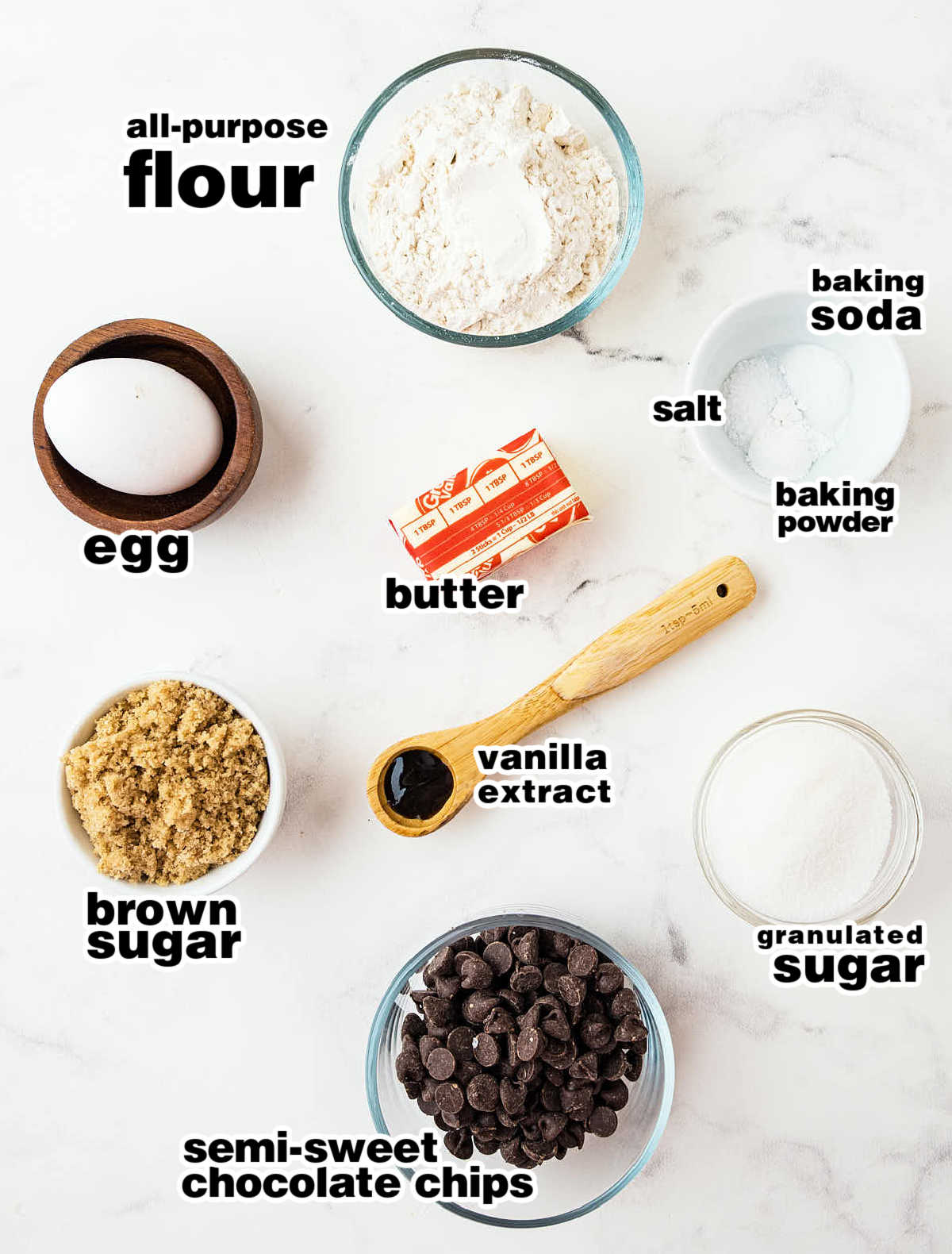 Ingredients needed to make Small Batch Chocolate Chip Cookies.