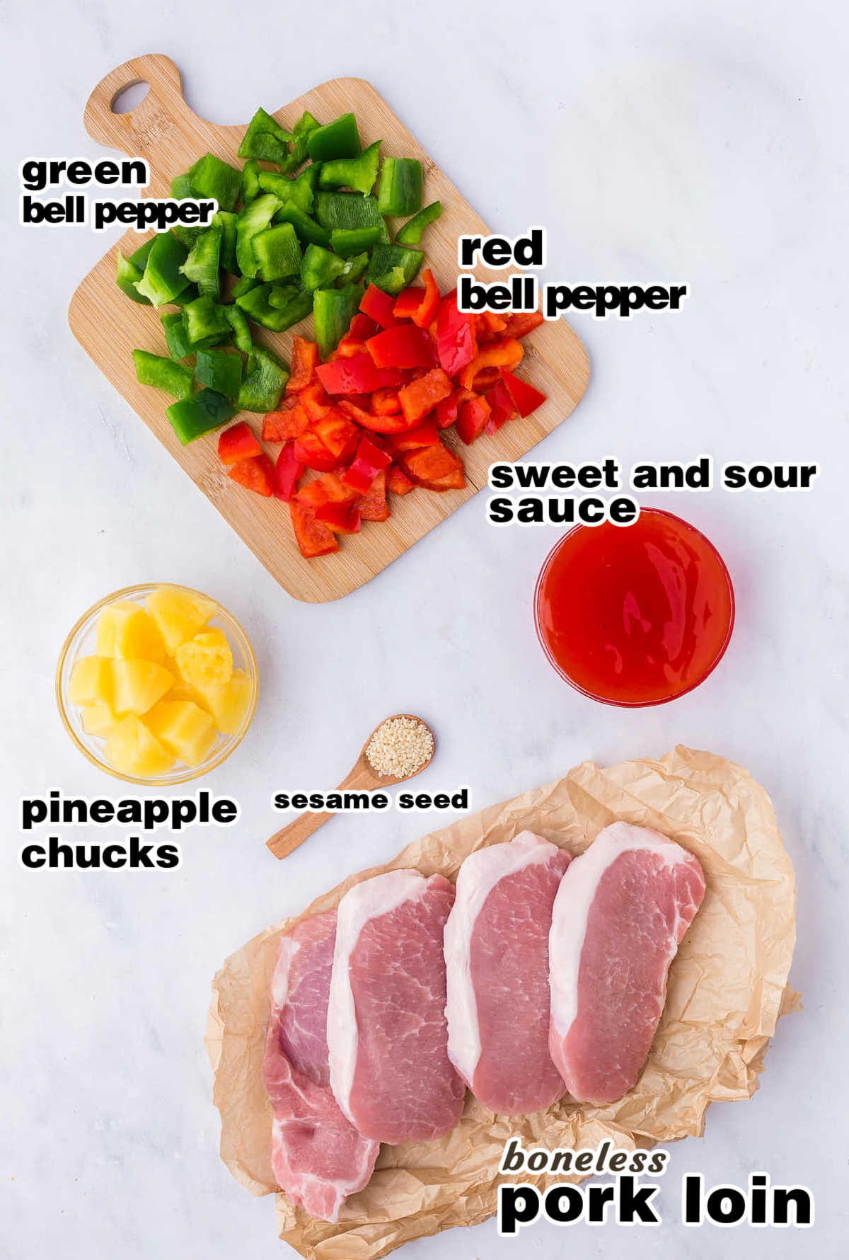Ingredients needed to make Sweet and Sour Pork Chops in the slow cooker.