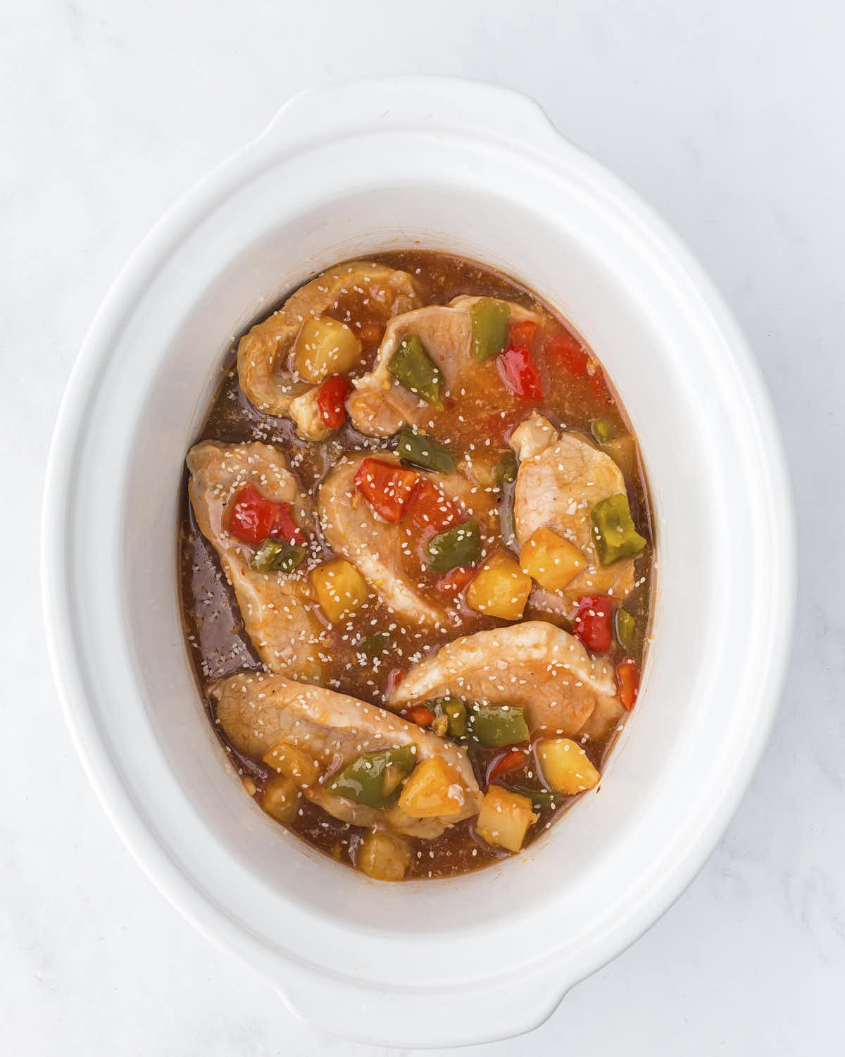 Cooked Sweet and Sour Pork Chops in the slow cooker.