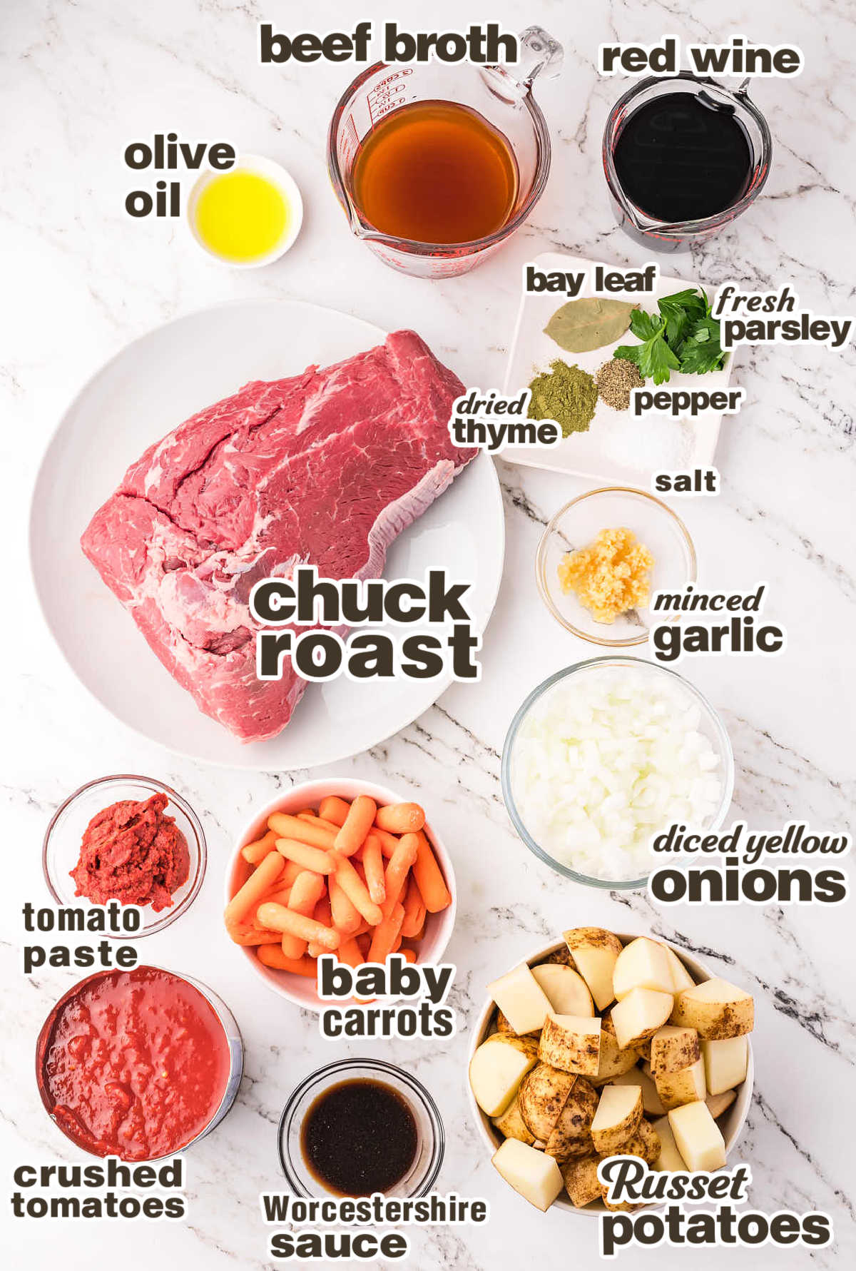 Slow cooker pot roast ingredients including chuck roast, beef broth, red wine, tomatoes, baby carrots, and russet potatoes.