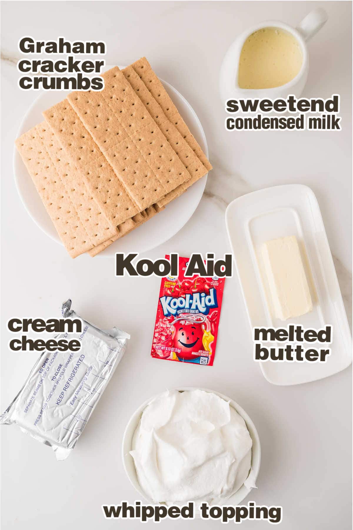 Ingredients needed to make a Kool Aid Pie. 