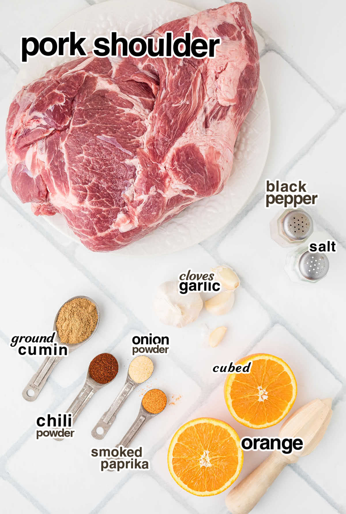 Ingredients needed to make Carnitas in the Slow Cooker. 